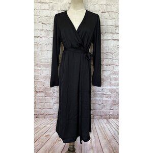 GAP Maternity Faux Wrap Dress Black Satin Long Sleeve V-Neck Tie Waist Size S